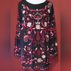 John Mark Black Top with Red and White Embroidery